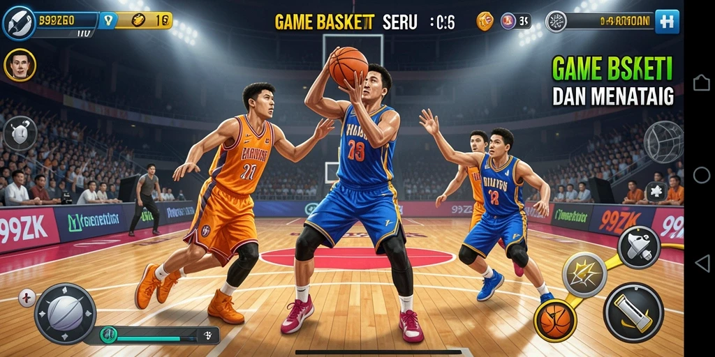 Screenshot antarmuka utama 99ZK dengan aksi permainan Basket yang seru.