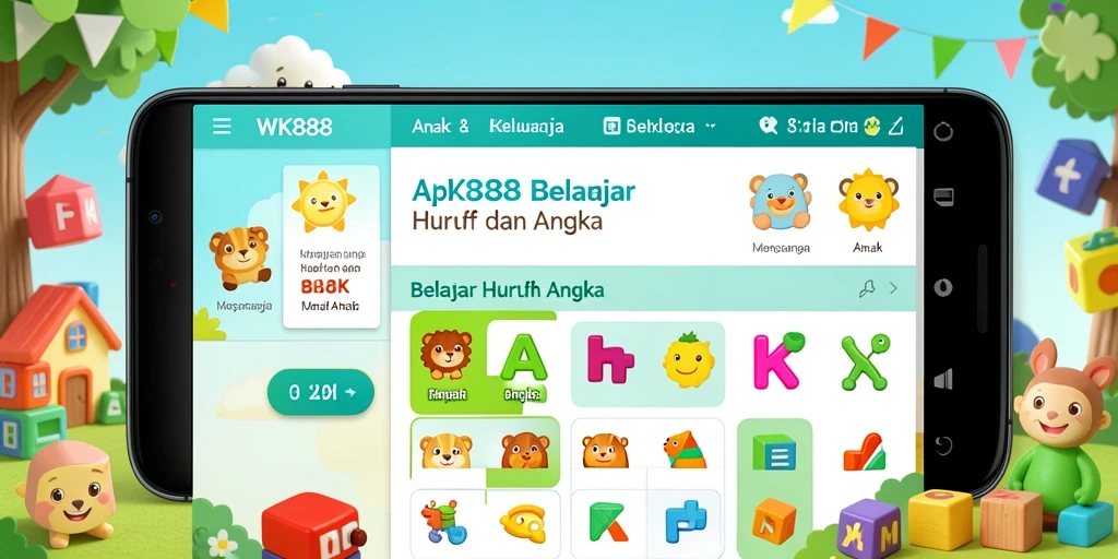 Tampilan antarmuka interaktif WK888 untuk belajar huruf dan angka.